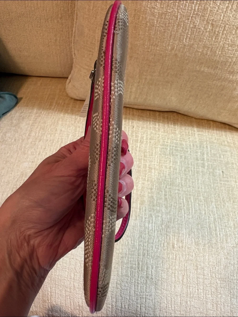 Coach Khaki Signature Canvas Wristlet with Pink Trim